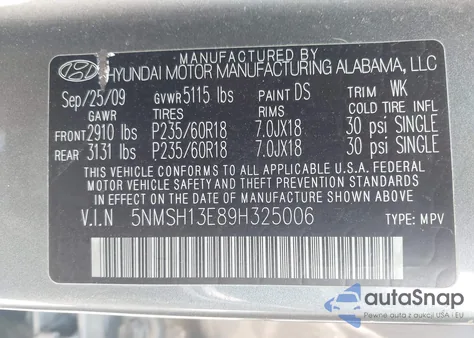 2009 Hyundai Santa Fe Limited из США, поврежденный, VIN 5NMSH13E89H325006